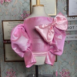 Girls' Pink Satin Puff-Sleeve Top with Large Bow